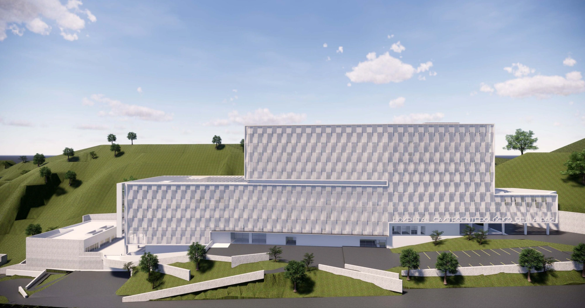Vista frontal del modelo BIM del hospital gastroenterológico