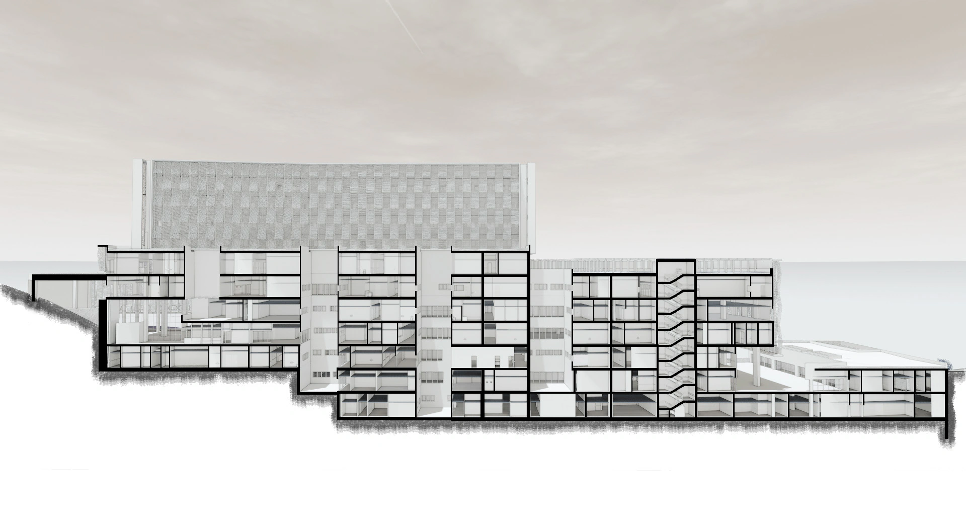 Sección longitudinal del hospital por los patios, generada desde el modelo BIM
