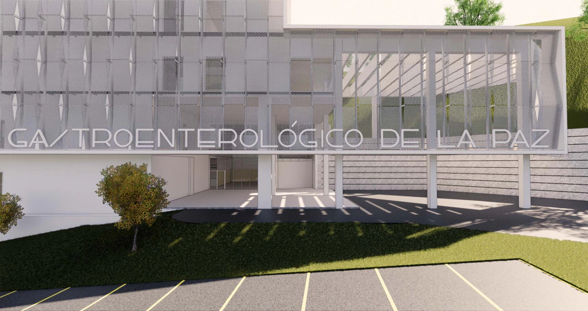 Modelo BIM del hospital gastroenterológico de La Paz: fachada de acceso y urbanización
