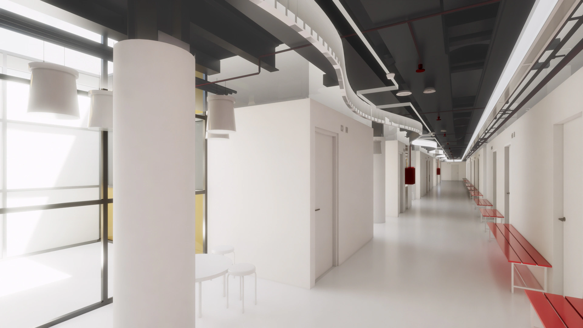 Vista interior de un pasillo del área materno-infantil modelada en BIM