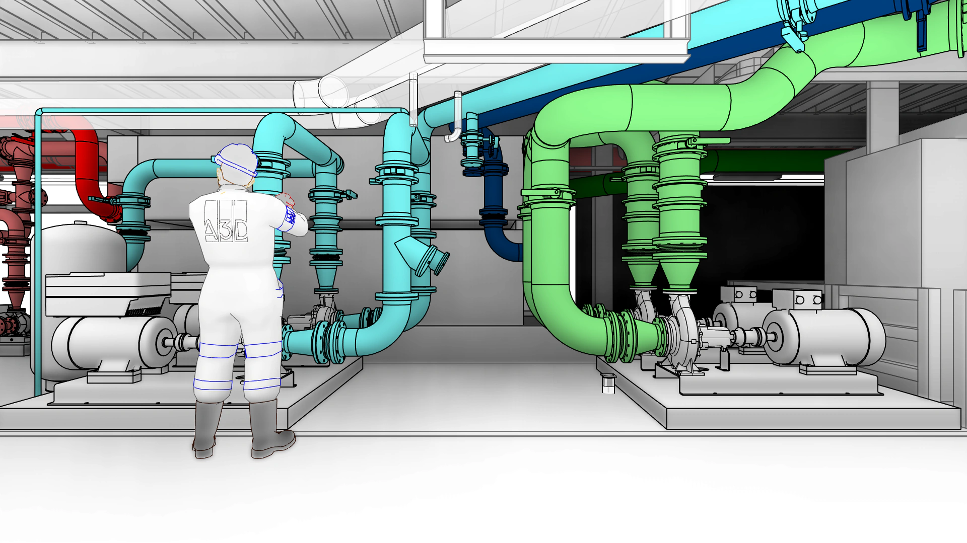 Modelo BIM de los nuevos grupos de bombeo, con cada sistema en un color y una figura de escala