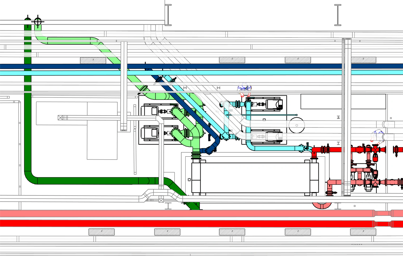 Planta del modelo BIM con las redes de la zona de actuación diferenciadas por color