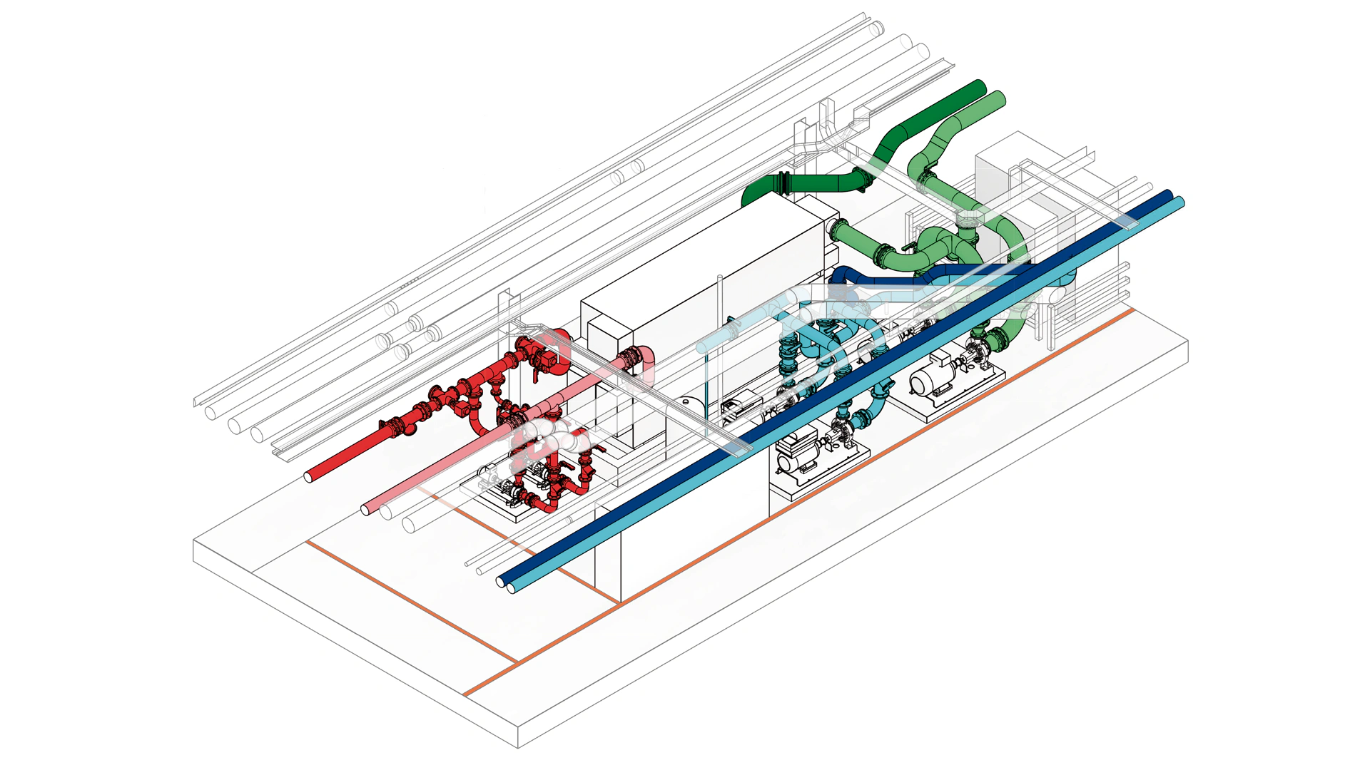 Axonometría del modelo BIM con las redes que atraviesan la zona de actuación