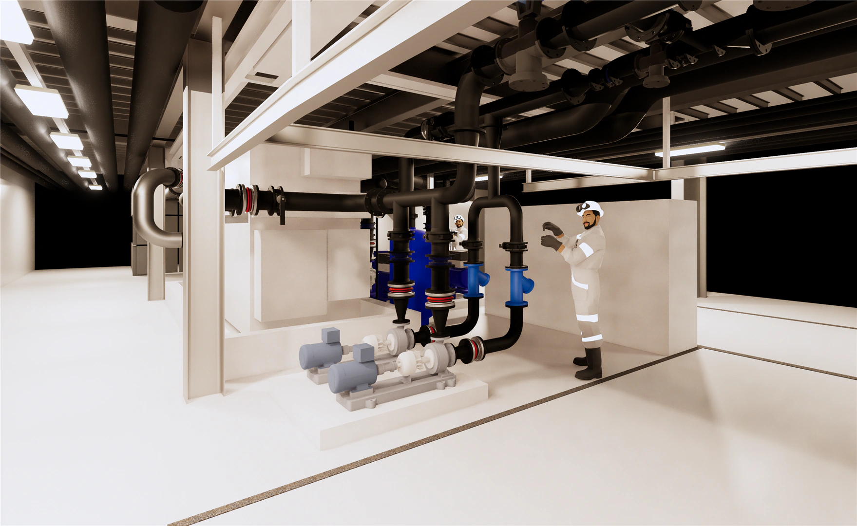 Vista de la sala con los grupos de bombeo y sus conducciones modeladas en BIM