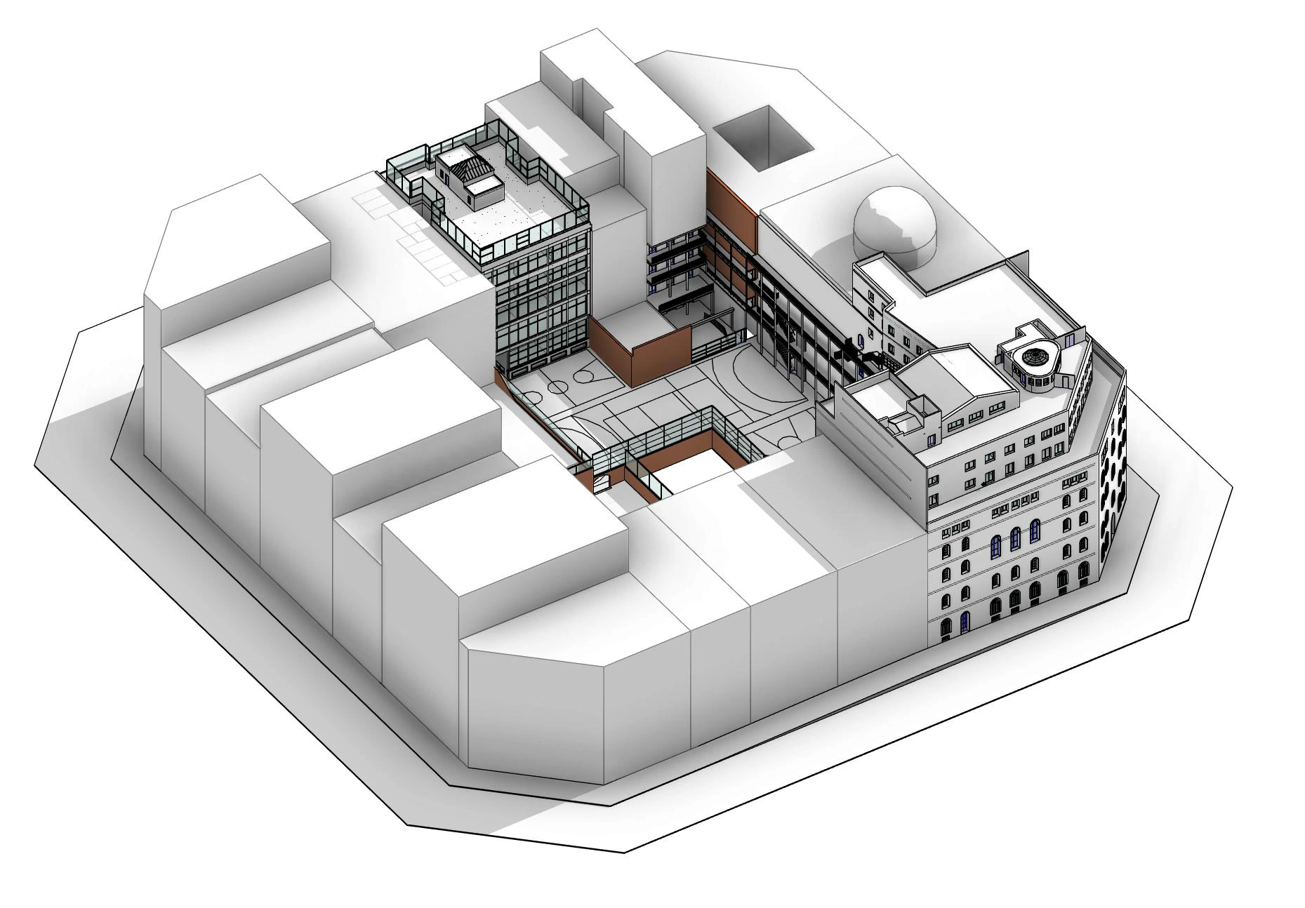 Vista aérea del modelo BIM del conjunto escolar dentro de su manzana