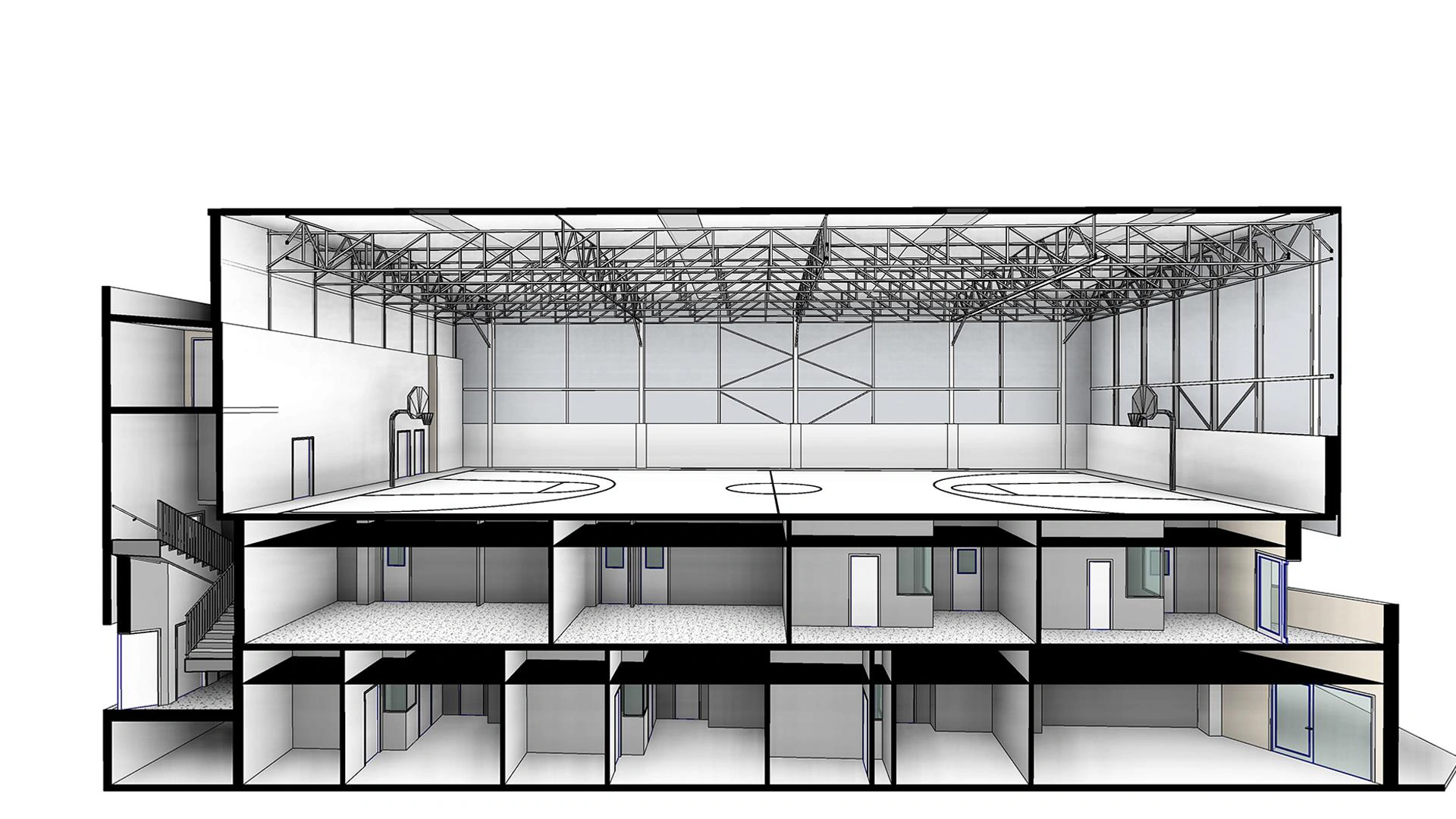 Corte transversal del modelo BIM de la escuela
