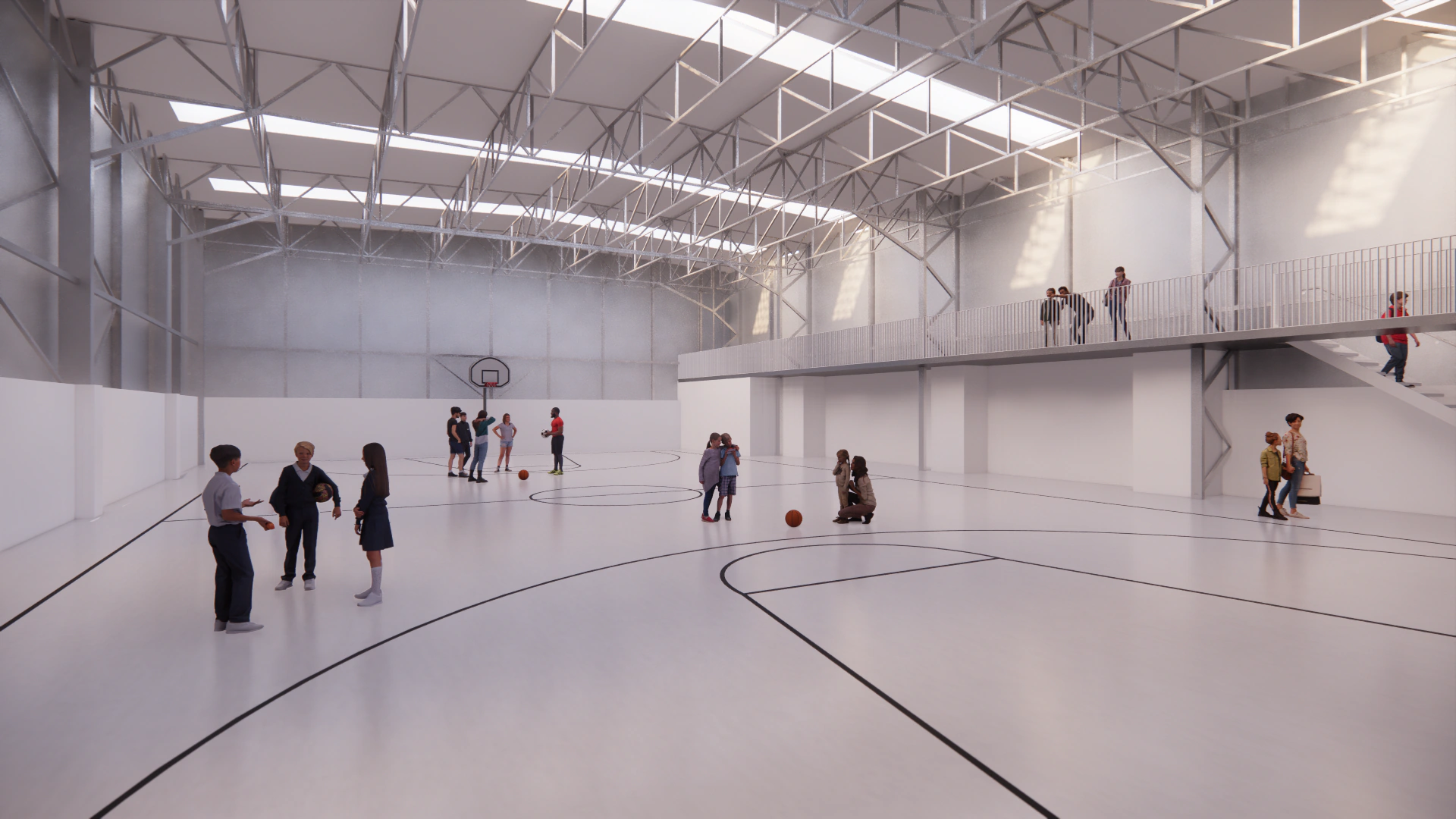 Interior de la nave polideportiva de la escuela modelada en BIM