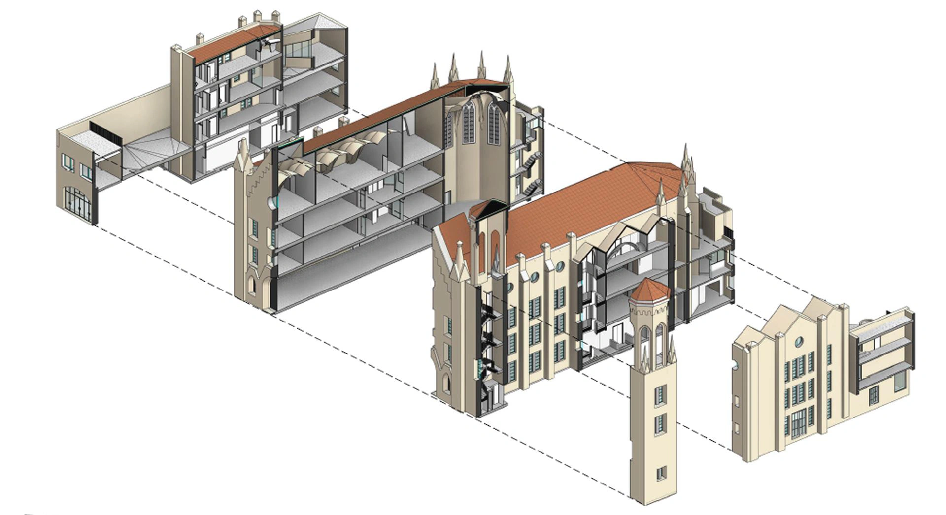 Axonometría explotada del modelo BIM de la iglesia y los edificios anexos