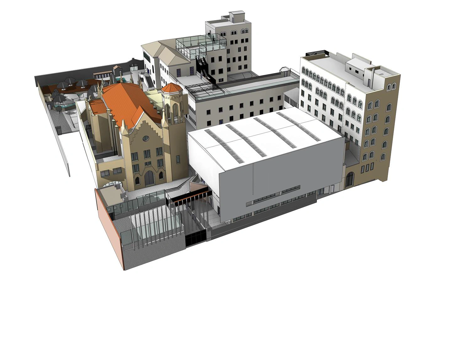 Vista aérea del modelo BIM del conjunto escolar con la iglesia integrada