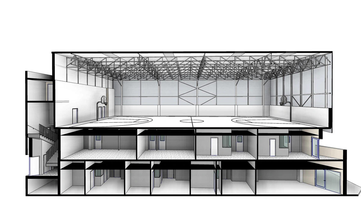 Corte transversal del modelo BIM as-built de la escuela Jesuïtes Sant Gervasi – Infant Jesús: aulas, sala diáfana y estructura de cubierta