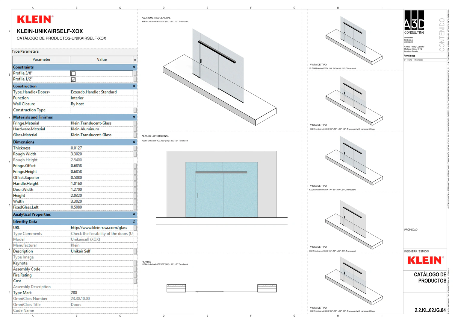 Ficha del objeto BIM de un sistema de carpintería corredera, con sus datos técnicos