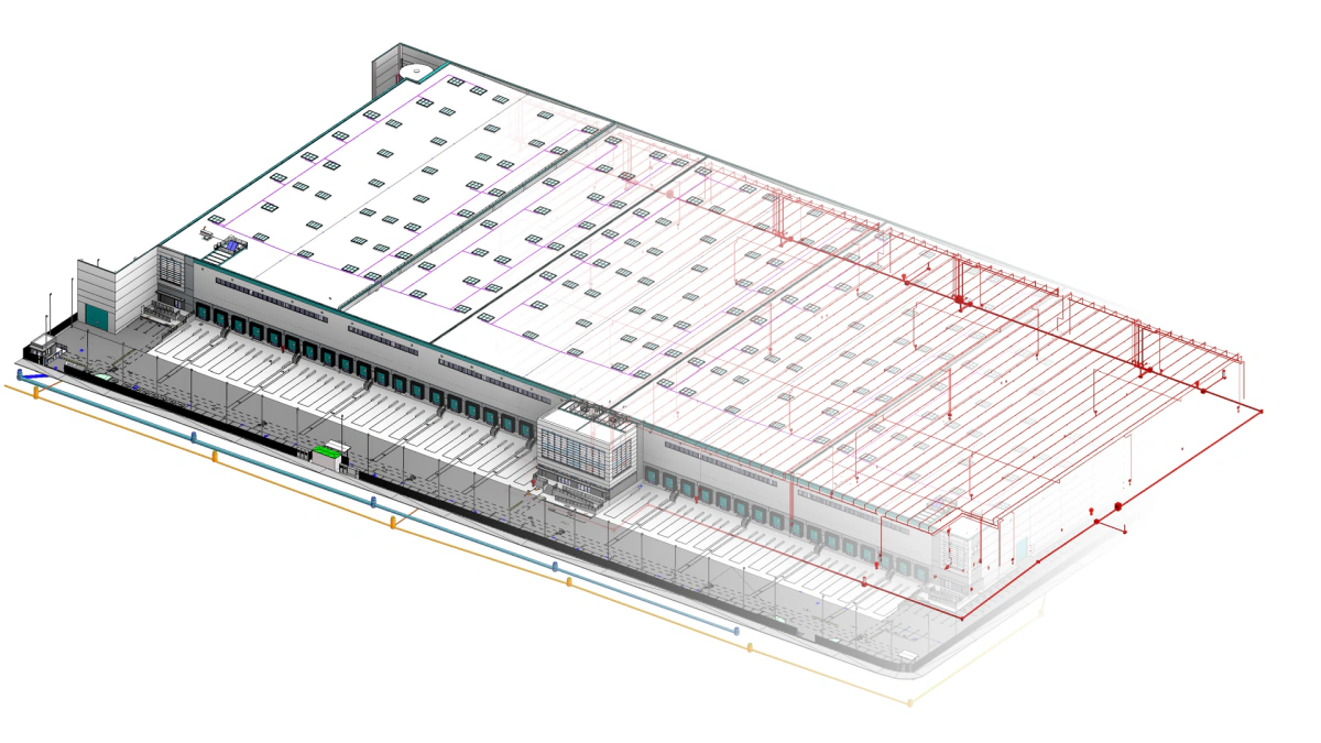Vista axonométrica del modelo BIM de un conjunto de naves logísticas con la red de protección contra incendios