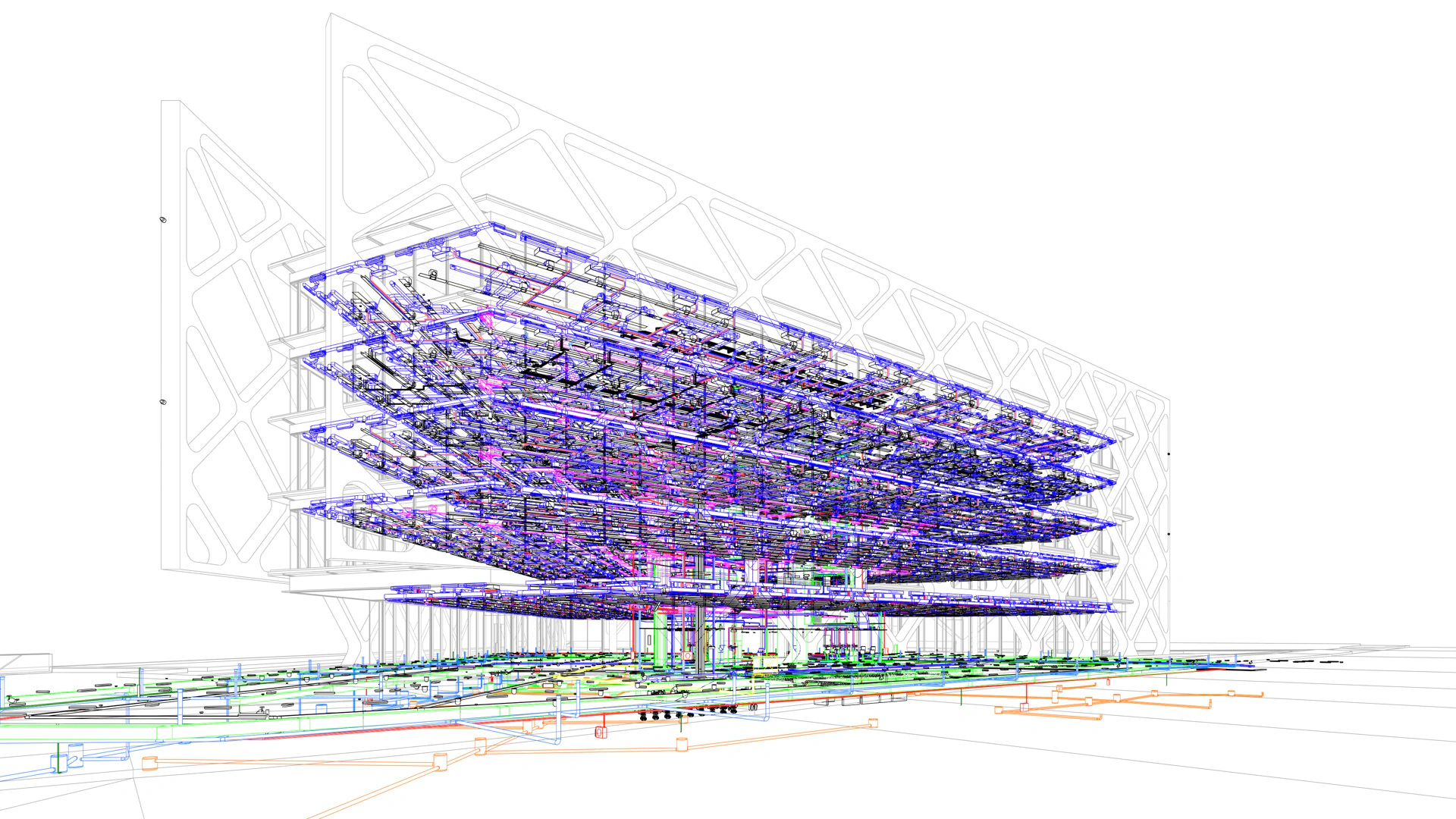 Vista general explotada del modelo BIM del edificio de oficinas