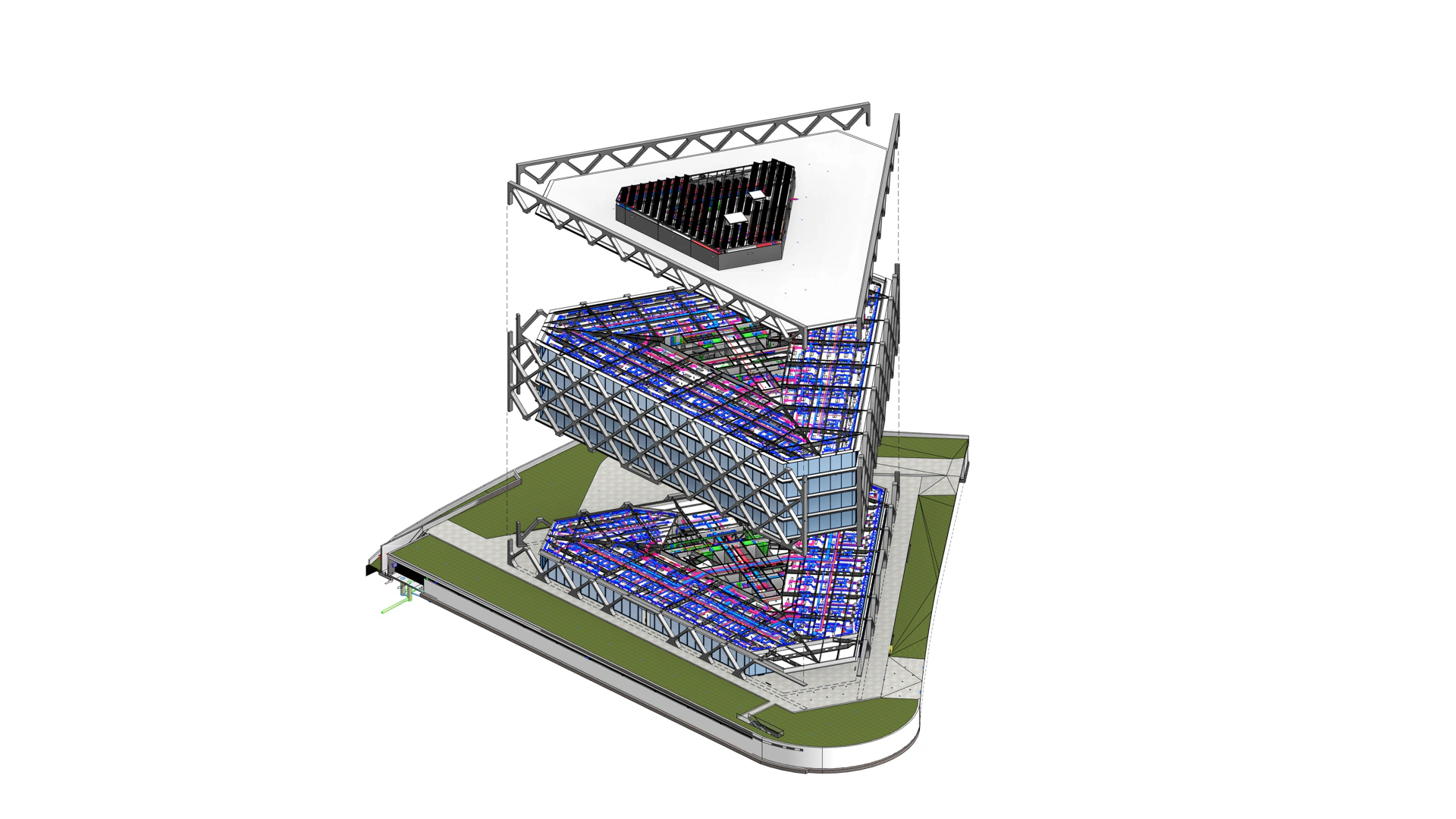 Segunda vista explotada del modelo BIM, con la celosía de fachada