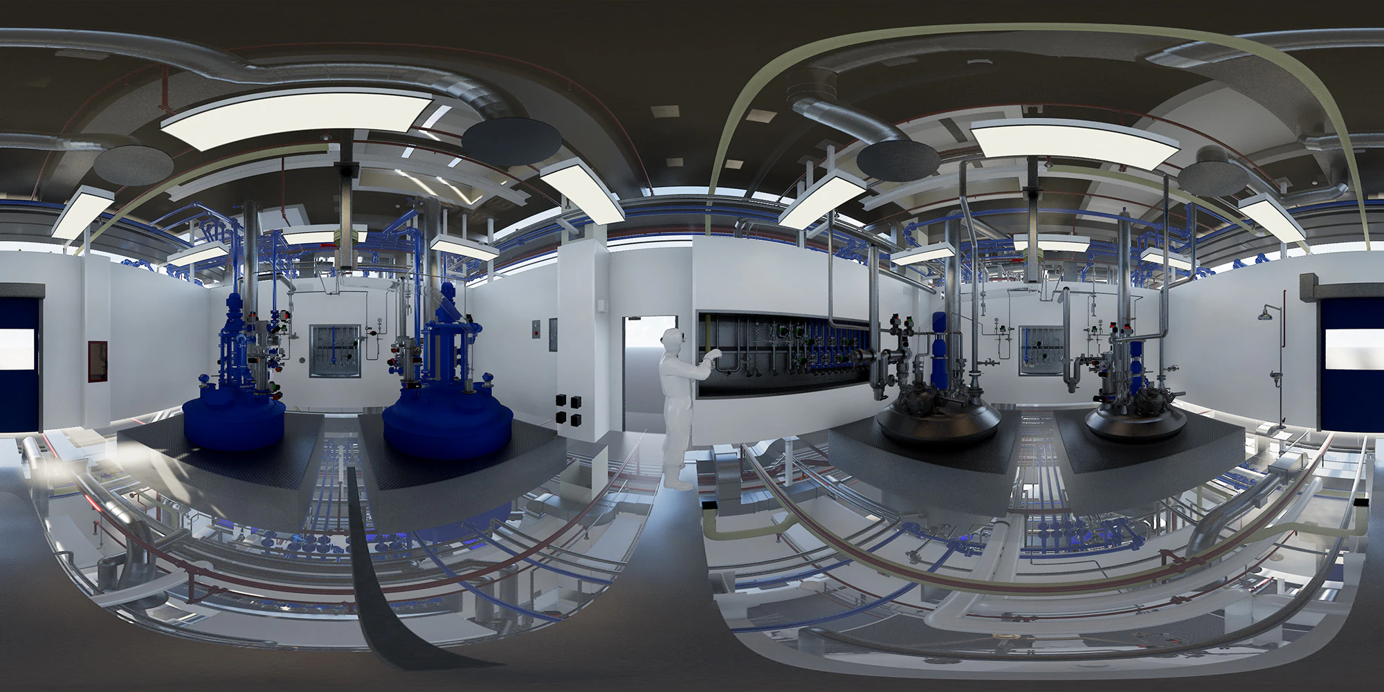 Panorámica equirectangular de 360° del interior de la planta farmacéutica modelada en BIM
