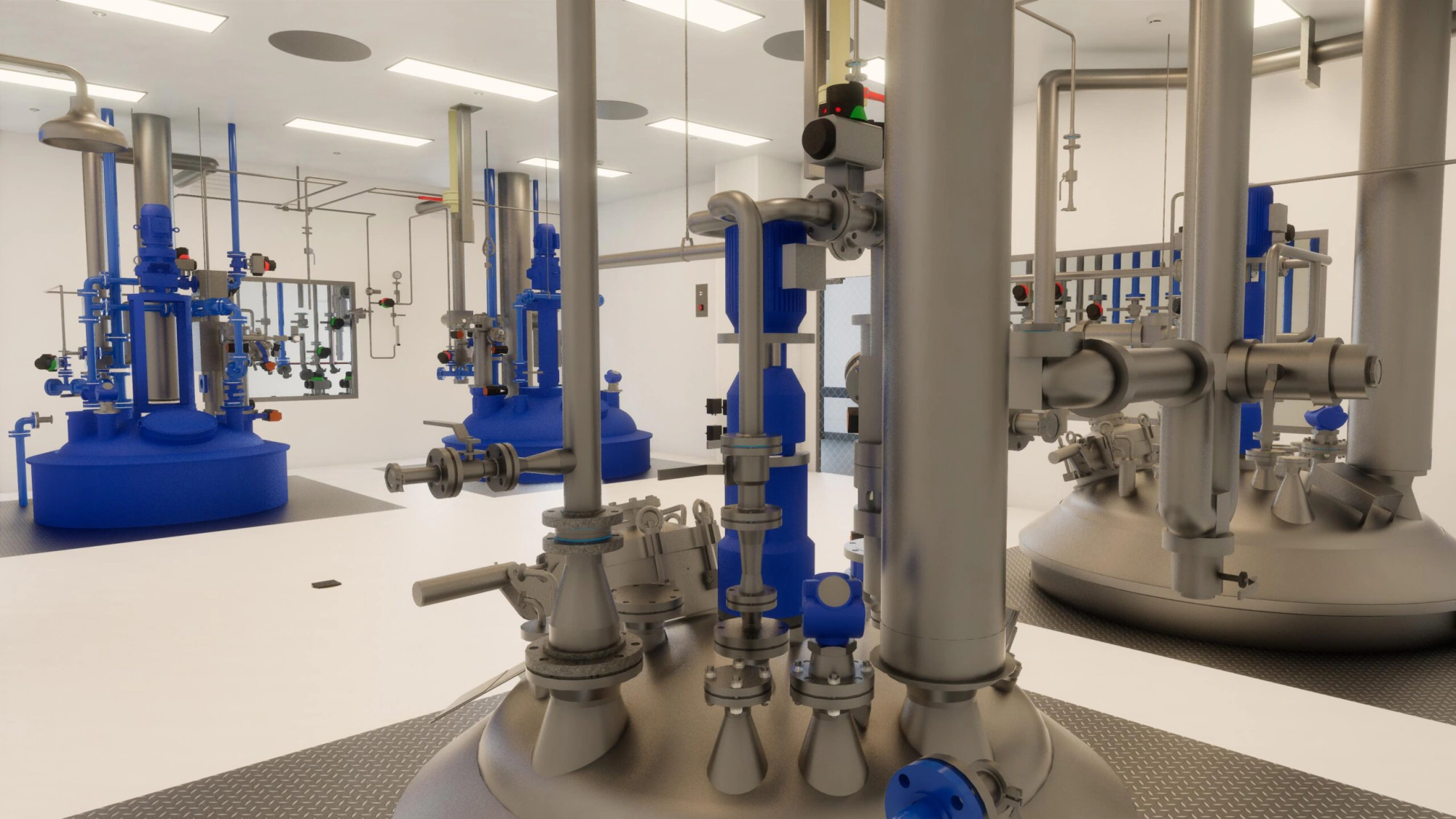 Vista interior del modelo BIM de una sala de reactores de una planta farmacéutica