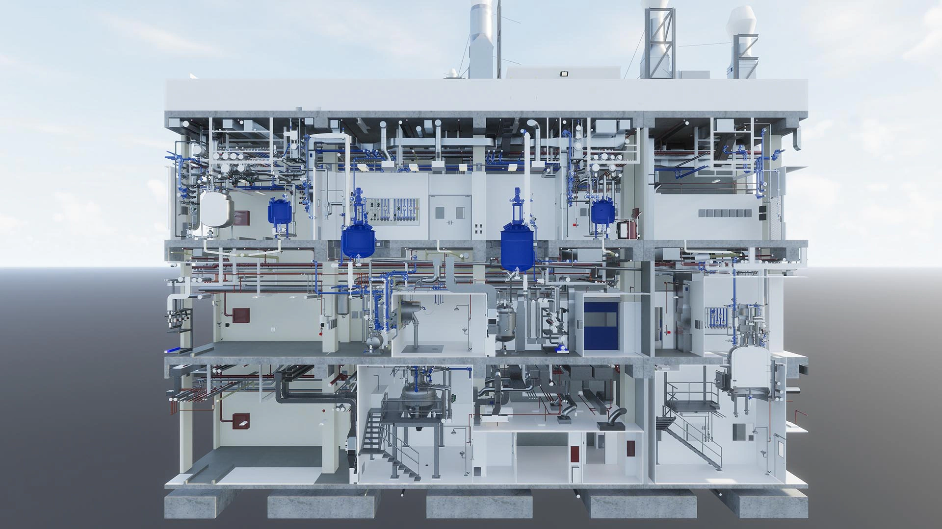 Sección general del modelo BIM de la planta farmacéutica con todas sus plantas a la vista