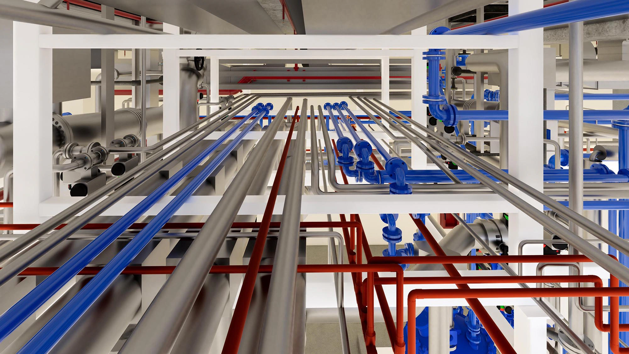 Vista interior del rack de instalaciones de la planta farmacéutica modelado en BIM
