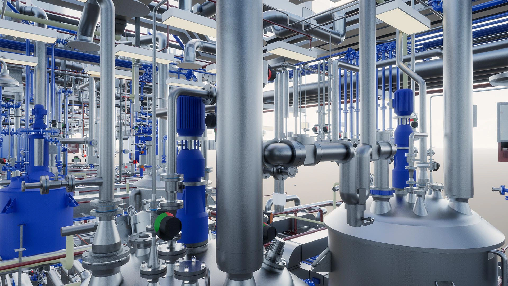 Detalle del modelo BIM de instalaciones farmacéuticas: tuberías de proceso y soportes