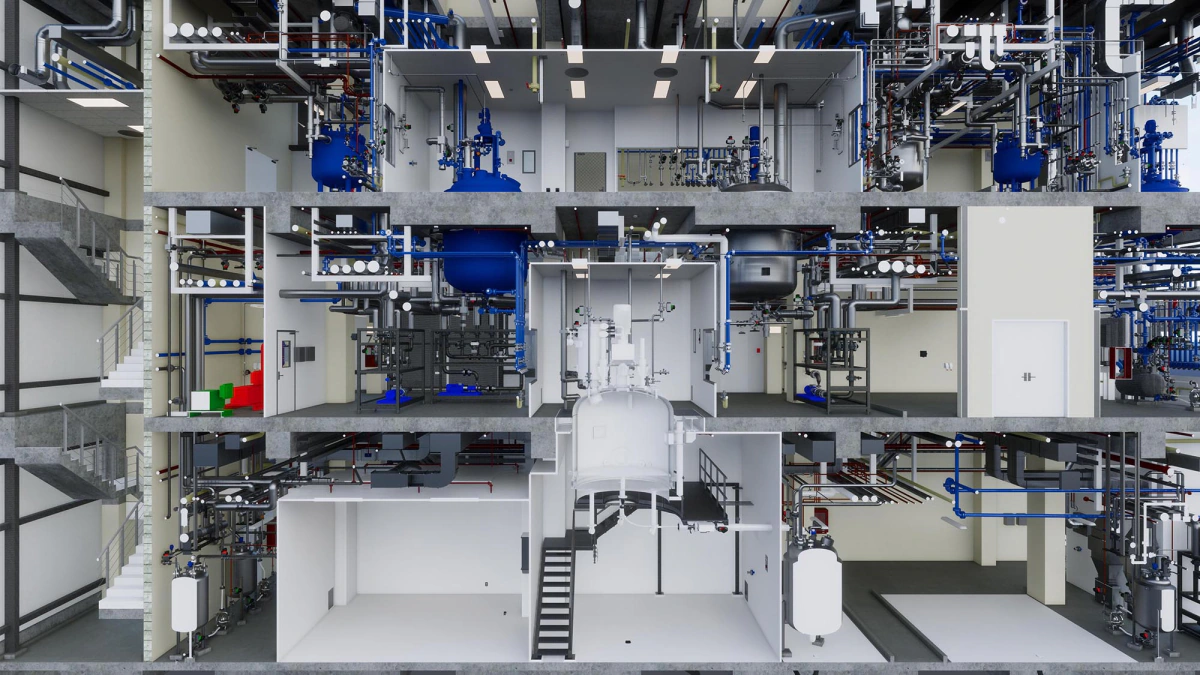 Sección 3D del modelo BIM de una planta farmacéutica: salas de reactores, racks de instalaciones y escaleras