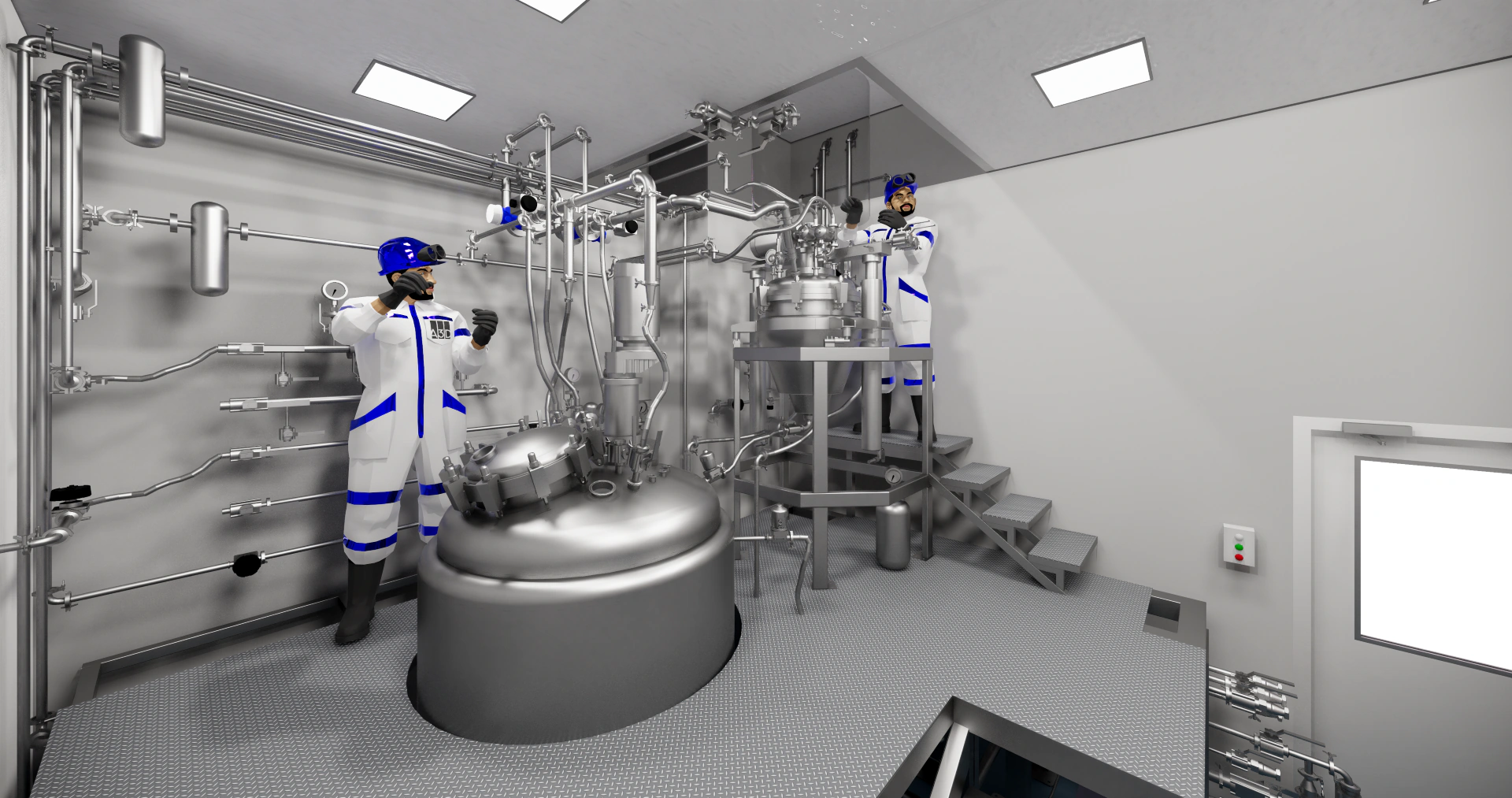 Vista general de la sala técnica modelada en BIM, con su escalera de acceso