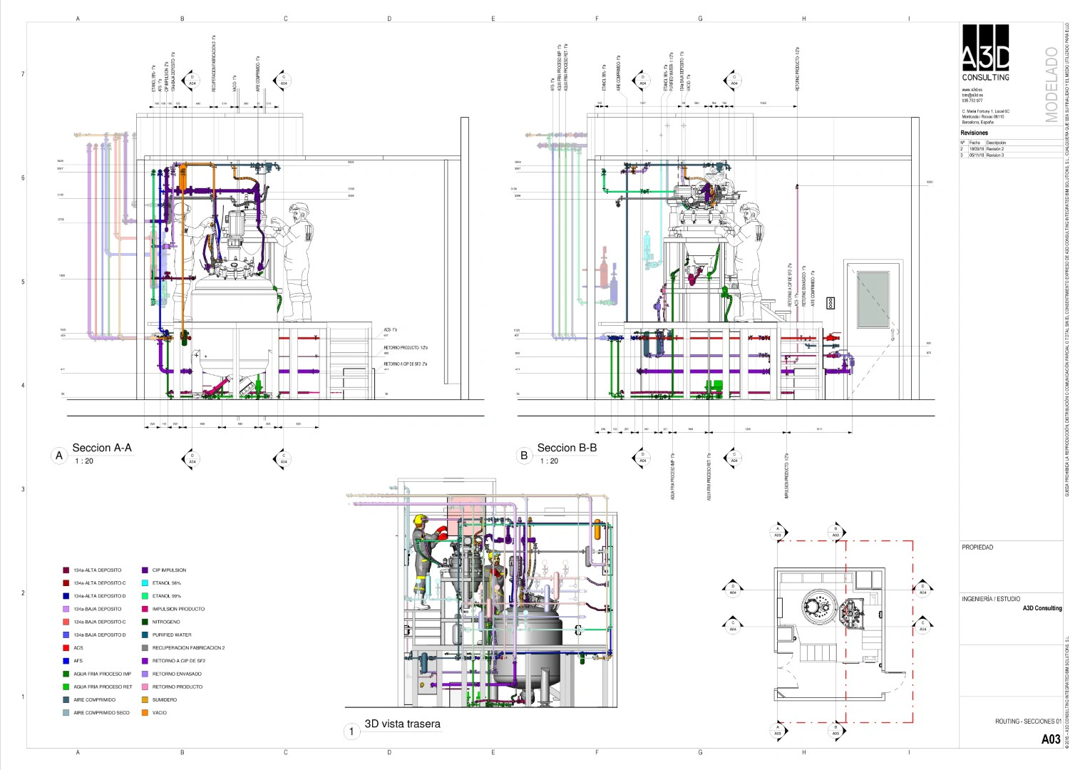 Plano de fabricación con las secciones de trazado, generado desde el modelo BIM