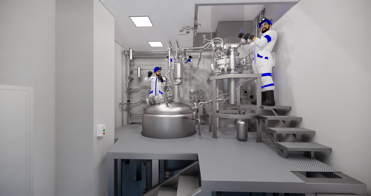 Modelo BIM de una sala técnica farmacéutica con reactor, plataforma de acceso y equipos