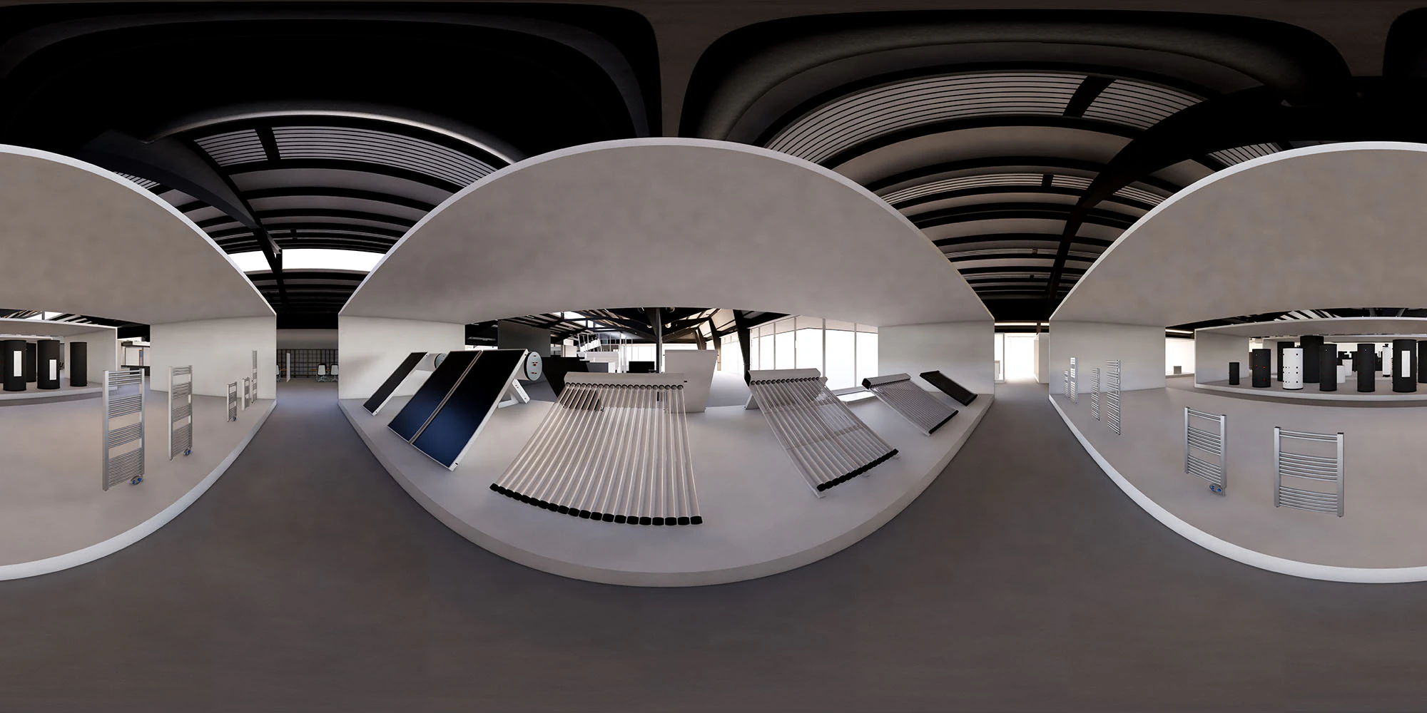 Panorámica equirectangular de 360° de una sala de instalaciones montada con objetos BIM del catálogo
