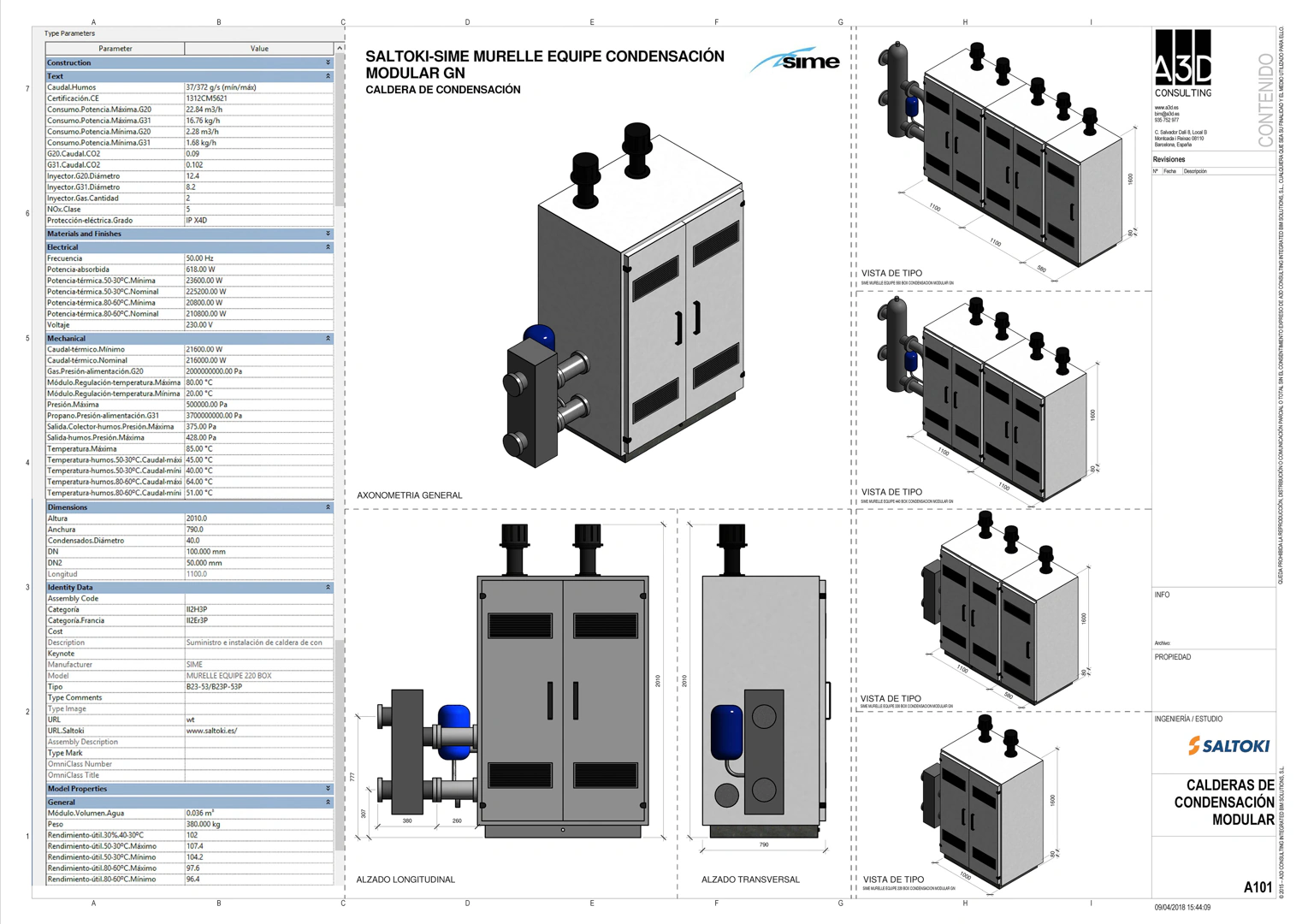 Ficha técnica de una caldera generada desde el objeto BIM