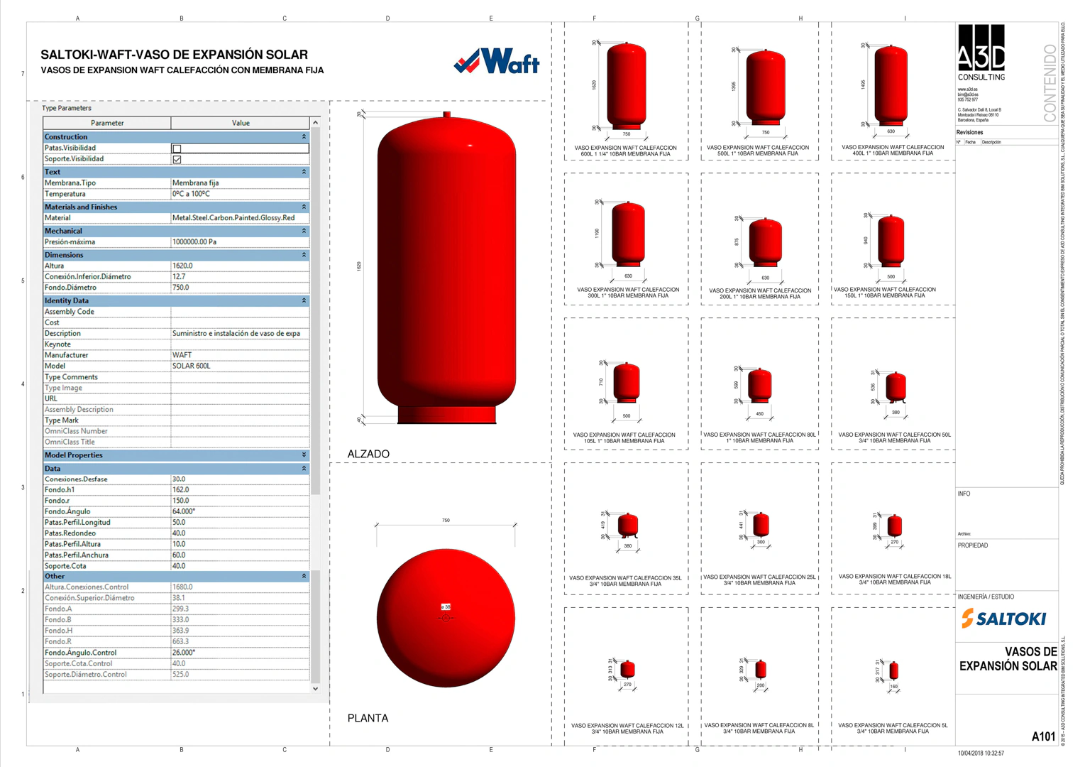 Ficha técnica de un vaso de expansión solar generada desde el objeto BIM