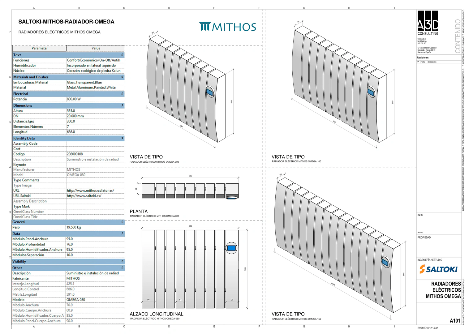 Ficha técnica de un radiador generada desde el objeto BIM